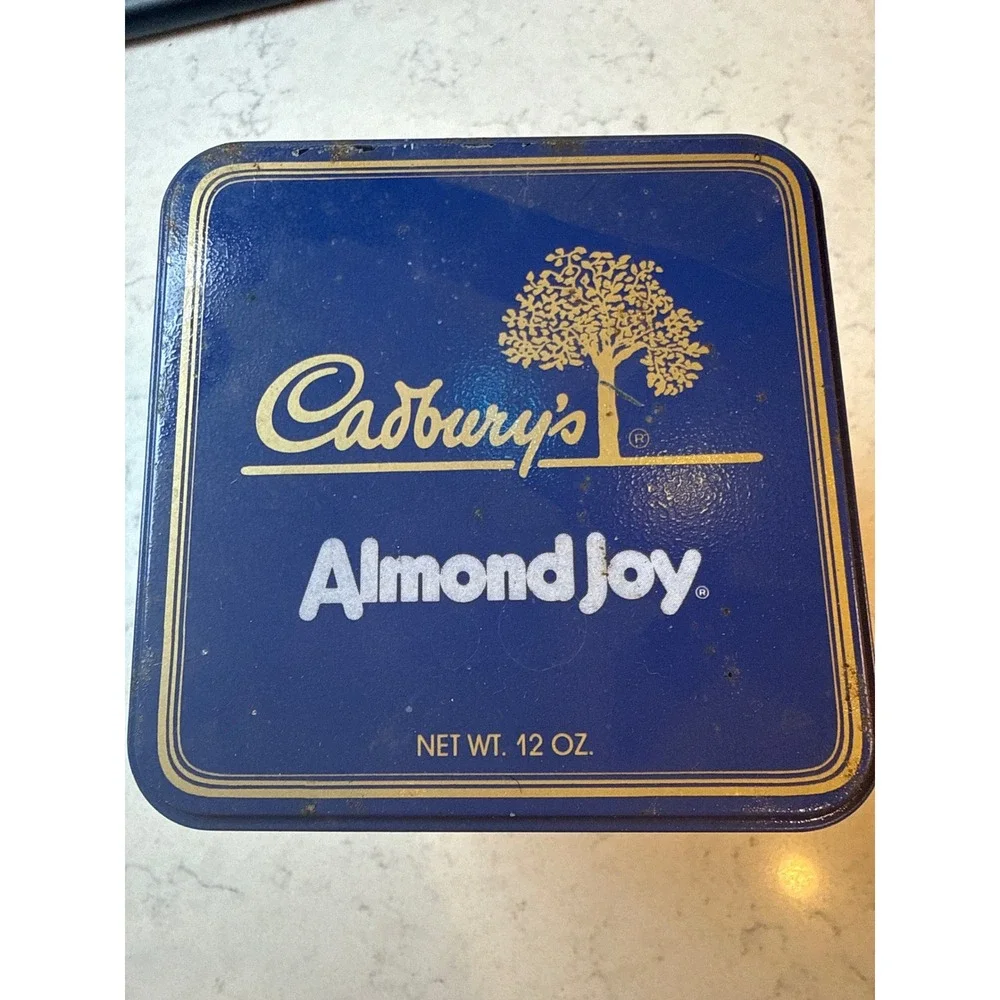 Vintage Cadbury Almond Joy Chocolate Tin Blue‎ Victorian Illustration 12oz Box